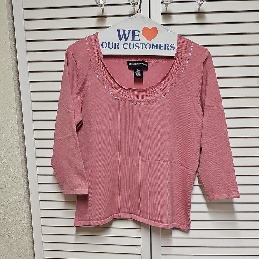 EUC Norton McNaughton Beaded Scoop Neck 3/4 Length Sleeve Knit Top Mauve Sz S